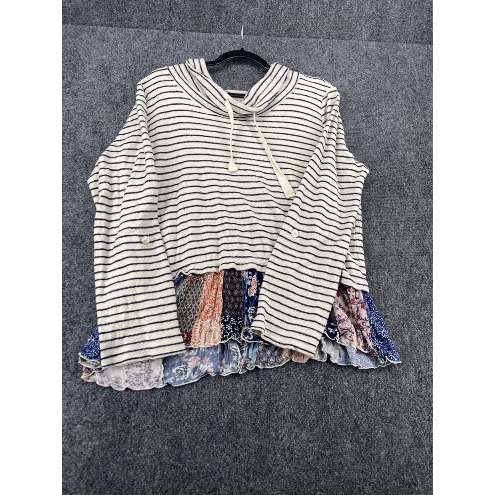 John Mark Striped Cowl Neck Patchwork Floral Hem Top Women Size M Navy Cream